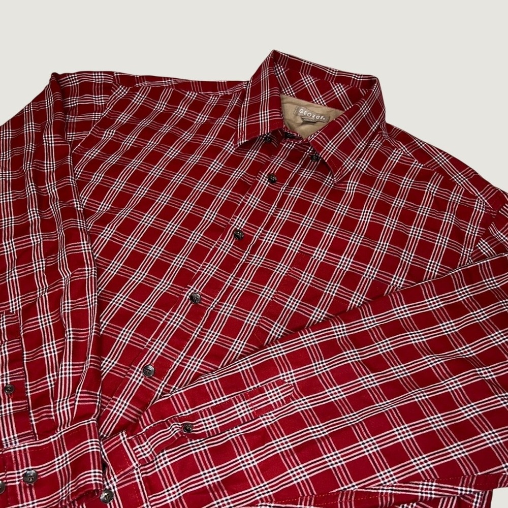George Mens Red Plaid Long Sleeve Button Down Shirt Size L 42-44 Classic Fit